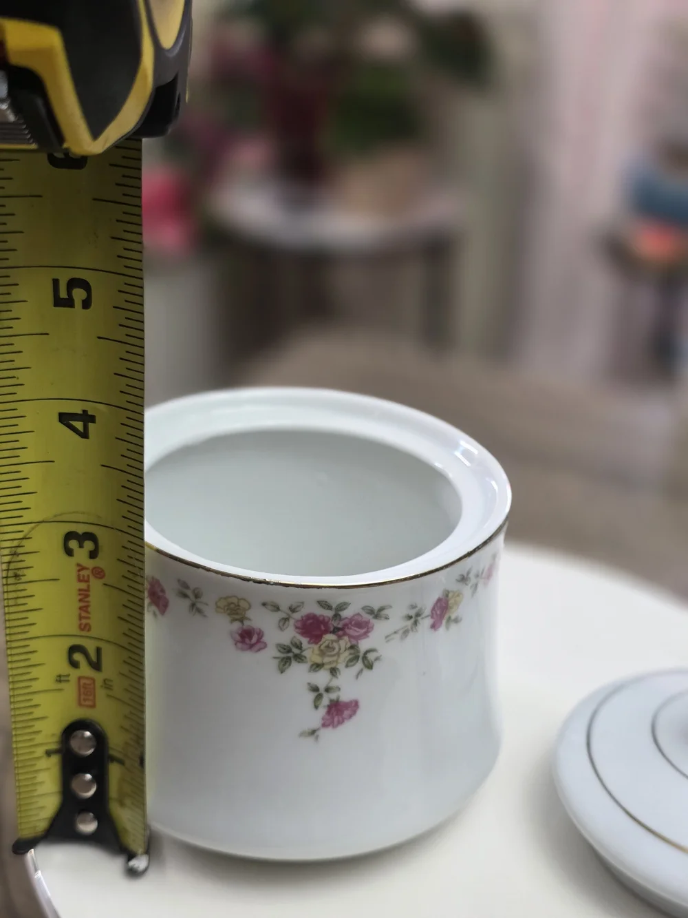 Porcelain Sugar Bowl with Pink Rose Motif - White and Gold Accent